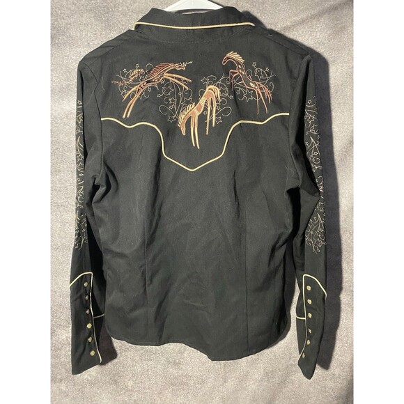 Scully Women's Western Pearl Snap Shirt Black Embroidered Horses Stars M - Picture 7 of 10